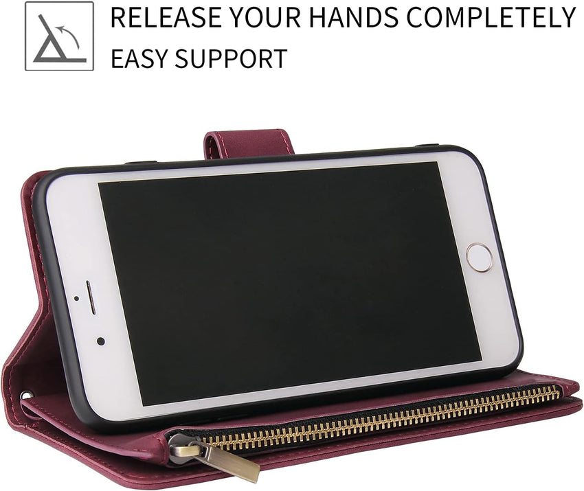 QLTYPRI Case for iPhone 7/8/SE 2020/SE 2022 5G, Large Capacity Leather Wallet Case 6 Card Holder & 1 Zipper Pocket Kickstand Wrist Strap Magnetic Case for iPhone SE 2022/SE 2020/8/7 - Red