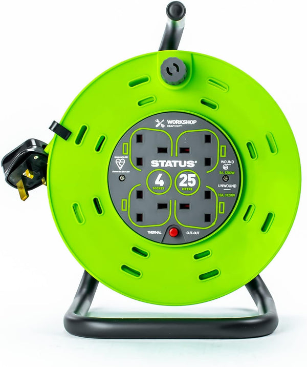 STATUS 4 Socket Cable Reel, 25m, Green, 13 Amp, Thermal Cut Out, Heavy Duty, Outdoor Extension Lead, Ideal for Garden, Workshop, DIY, Power Tools (S25M13ACR2)