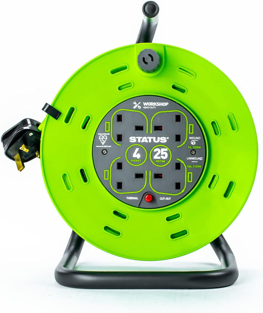 STATUS 4 Socket Cable Reel, 25m, Green, 13 Amp, Thermal Cut Out, Heavy Duty, Outdoor Extension Lead, Ideal for Garden, Workshop, DIY, Power Tools (S25M13ACR2)