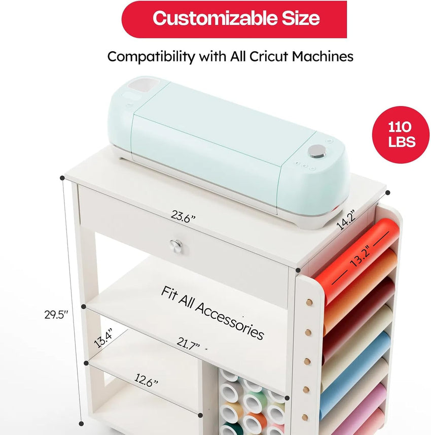 Crafit Craft Storage Compatible with Cricut, Craft Table with Vinyl Roll Holder Crafting Storage Cabinet Tool Holder Trolley on Wheels for Craft Room Home Office (Patented)