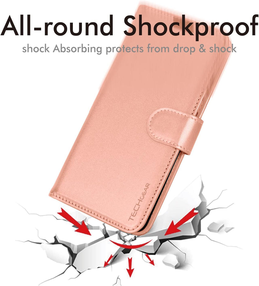 TECHGEAR iPhone 14 Leather Wallet Case, Flip Protective Case Cover with Wallet Card Holder, Stand & Wrist Strap - Rose Gold PU Leather with Magnetic Closure for iPhone 14 6.1"