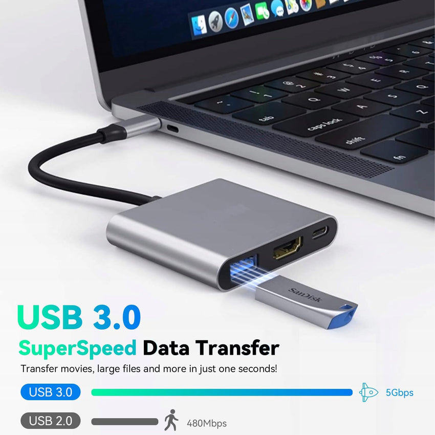 USB-C 4K HDMI Adapter - USB-C PD 100W, USB 3.0 Ports, MacBook, iPad Pro, Chromebook & Surface Convertor