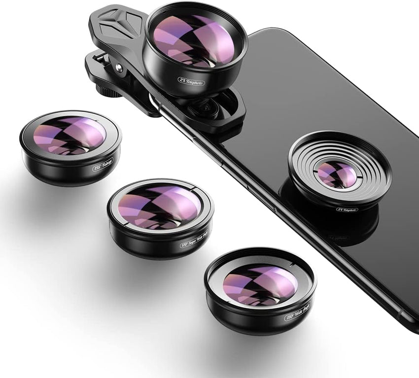 Apexel【Updated Version HD Phone Lens Kit-170°Super (Fisheye) Wide Angle,10X Macro Lens,110° Wide Angle2.0X Zoom Telephoto,195°Fisheye Lens for iPhone,Samsung and Most of Smartphone L-HB5V2