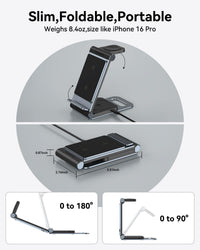 Wireless Charging Station 3 in 1 Foldable Wireless Charger Stand, Travel Charger for iPhone 16 15 14 13 12 11 Pro Max XR XS, for Apple Watch 10 9 8 7 6 5 4 3 2 SE, for AirPods 3 2 Pro Dark Black Grey