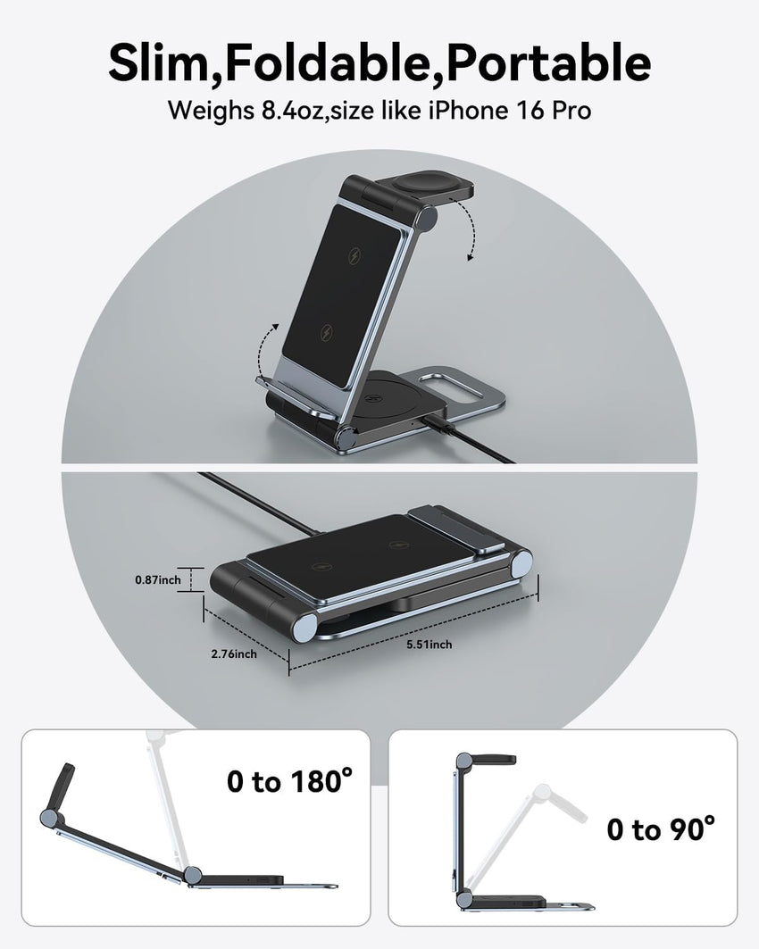 Wireless Charging Station 3 in 1 Foldable Wireless Charger Stand, Travel Charger for iPhone 16 15 14 13 12 11 Pro Max XR XS, for Apple Watch 10 9 8 7 6 5 4 3 2 SE, for AirPods 3 2 Pro Dark Black Grey