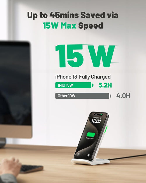 INIU Wireless Charger, [White, 15W] Fast Wireless Charging Stand for iPhone 17 16 15 14 13 12 11 Pro Max Samsung S24 S23 S22 Google Pixel etc