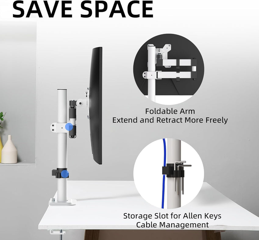 Single Monitor Arm Desk Mount, Max Load 10kg, Single Monitor Mount for 13-32 inch LCD LED Screens, Adjustable Single Desk Mount with Tilt Swivel Rotation, 2 Mouting Options, Vesa 75x75/100x100mm White
