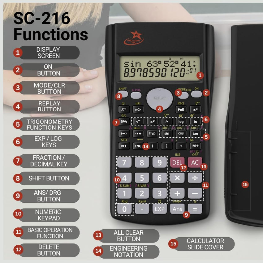 SC-216 Non-Graphing Scientific Calculator, Middle/High School, Fraction Key BATTERIES INCL