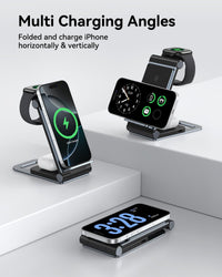 Wireless Charging Station 3 in 1 Foldable Wireless Charger Stand, Travel Charger for iPhone 16 15 14 13 12 11 Pro Max XR XS, for Apple Watch 10 9 8 7 6 5 4 3 2 SE, for AirPods 3 2 Pro Dark Black Grey