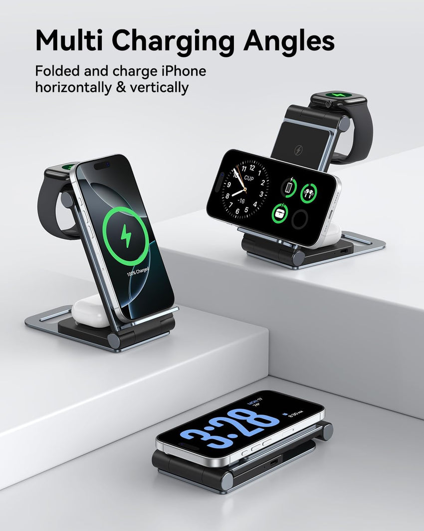 Wireless Charging Station 3 in 1 Foldable Wireless Charger Stand, Travel Charger for iPhone 16 15 14 13 12 11 Pro Max XR XS, for Apple Watch 10 9 8 7 6 5 4 3 2 SE, for AirPods 3 2 Pro Dark Black Grey