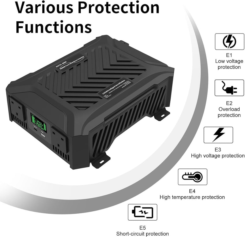 Pure Sine Wave Inverter 12/24V to 240V 1200W/2300W Rated Peak 2000W/4000W 2 UK Sockets USB LCD â 12/24V
