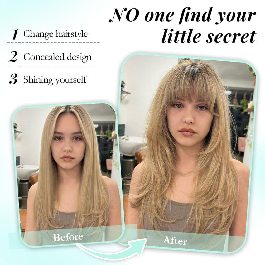 Fine Plus 18 Inch 360Â° Hair Topper with Fringe, Fluffy Wispy Fringe Blends Naturally Synthetic Hair Clips With 4"x5" Base Hairpieces for Women Daily Use & Parties (Dark Blonde with Dark Root)