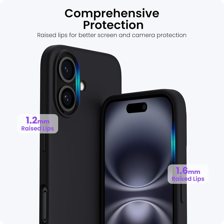 ORNARTO Compatible with iPhone 16 Case 6.1", Slim Liquid Silicone 3 Layers Full Covered Soft Gel Rubber 16 Phone Cases Cover 6.1 inch Black