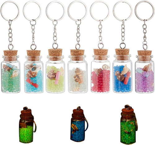 PH PandaHall 7pcs Luminous Glass Keychain, Mini Corked Bottles with Luminous Beads, Backpack Bag Hanging Wedding Party Favors