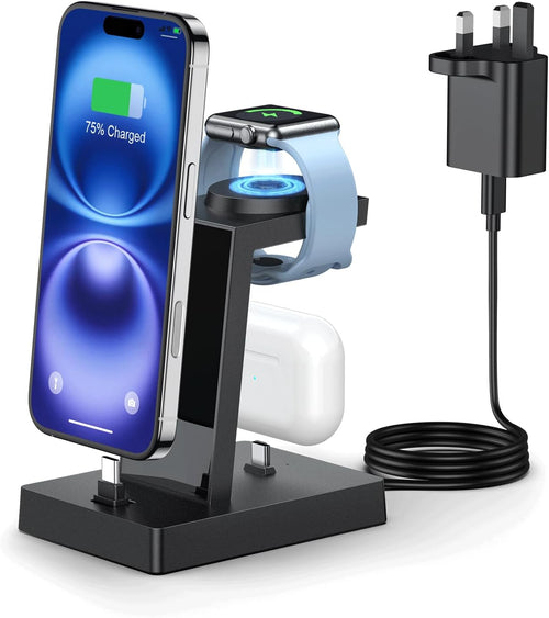 3 in 1 Charging Station - ADADPU iphone and iWatch Charger Stand with 30W USB C Charger Plug, Apple Charging Dock for iphone 16 15 Series, iWatch, Earbuds with USB C Port, Not for Samsung Watch