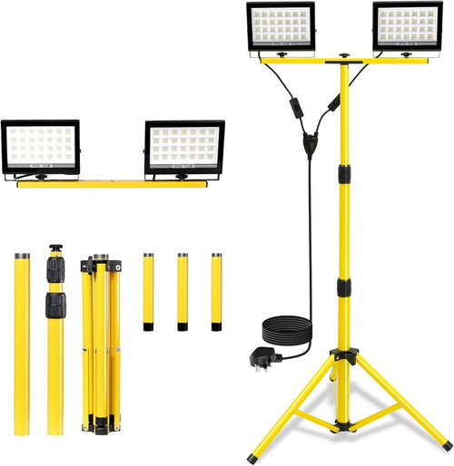 11000Lumen Tripod LED Work Light with Stand, 2 Adjustable Twin Head Floodlight with 8.2FT Cord IP66 Waterproof Foldable Construction Work Lights for Indoor Outdoor Job Site Workshop Garage