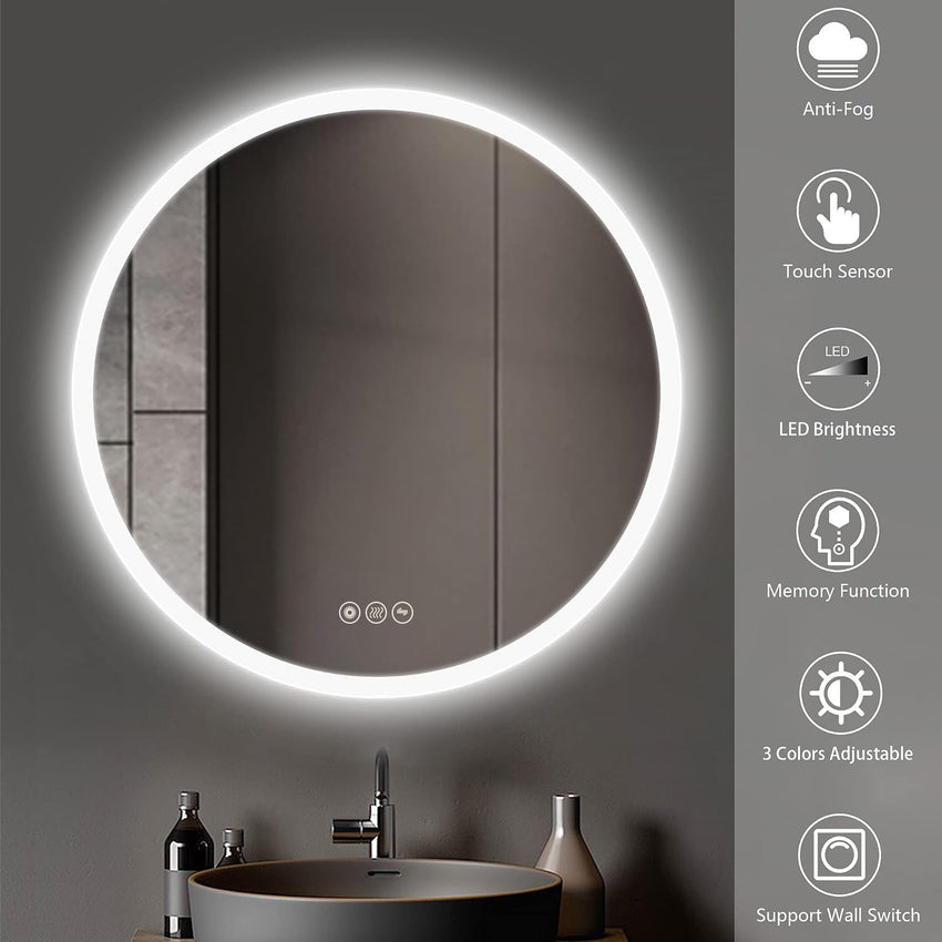 AI-LIGHTING 60cm Round Mirror with Lights Bathroom LED Circular Mirror Illuminated Anti-Fog Backlit Light Up Circle Mirror Touch Switch Color Change Demister IP44 Dimmable