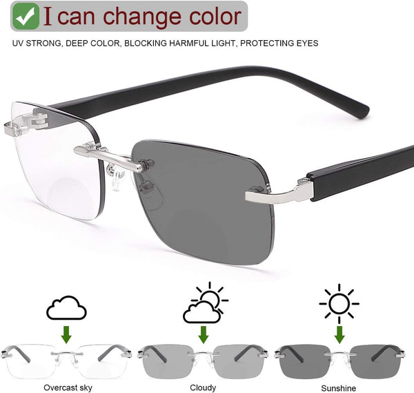 Rimless Photochromic Bifocal Sunglasses +3.0 Blue Light Blocking for Men & Women Clear