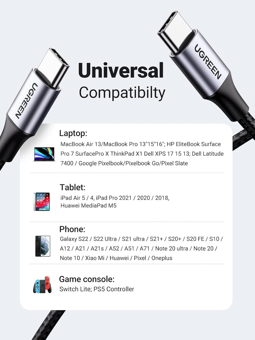 UGREEN USB C to USB-C Charger Cable 60W Type C to C Lead Fast Charging Compatible With iPhone Air/17/16 Pro Max, Galaxy S25 Ultra, Pixel 9, iPad Pro 2024/Air 5, MacBook Pro (2M)