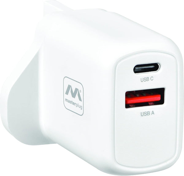 Masterplug Super-Fast UK USB Charging Plug with Single Type C Charging Port READ DESC 20W Charger, White, USBPLGC20W/U