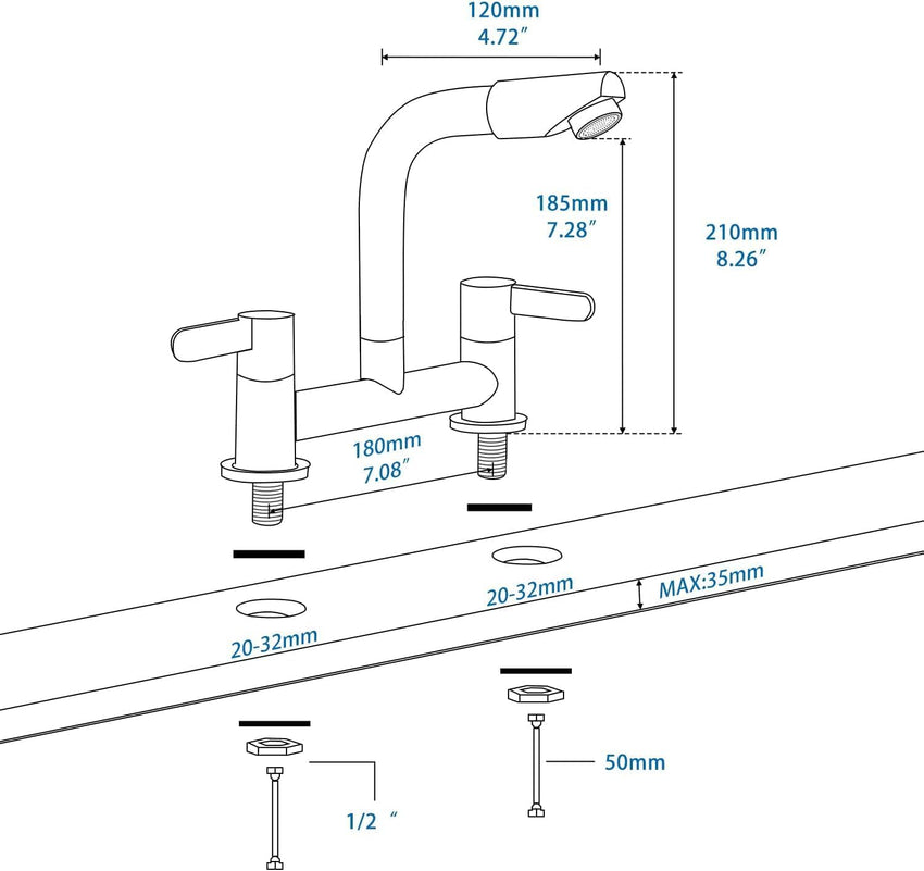 Kitchen Mixer Tap Dual Lever 360Â° Aerator Swivel Monobloc 2-Hole G1/2 Hose â Black 180mm
