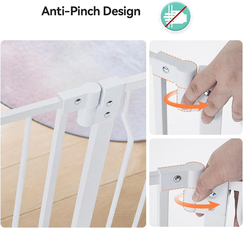 COMOMY 75-123cm Stair gate Pet Gate with Adjustable Cat Flap, Dog Gate for Stairs Doorways, Auto Close Baby Gate with Cat Door for House, Pressure Fit Easy Walk Through Safety Gate Extra Wide (White)