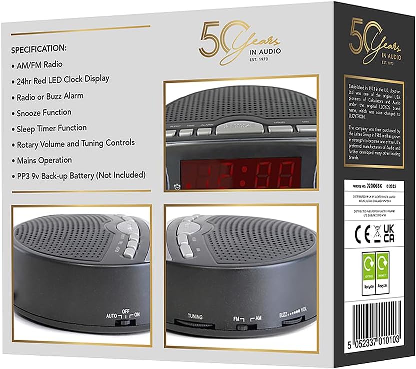 LLOYTRON "Daybreak" Alarm Clock Radio with Buzz Alarm or Radio - Snooze Function - Sleep Timer - Rotary Tuning and Volume Controls - Mains Operated - AM / FM Radio - J2006BK - Black