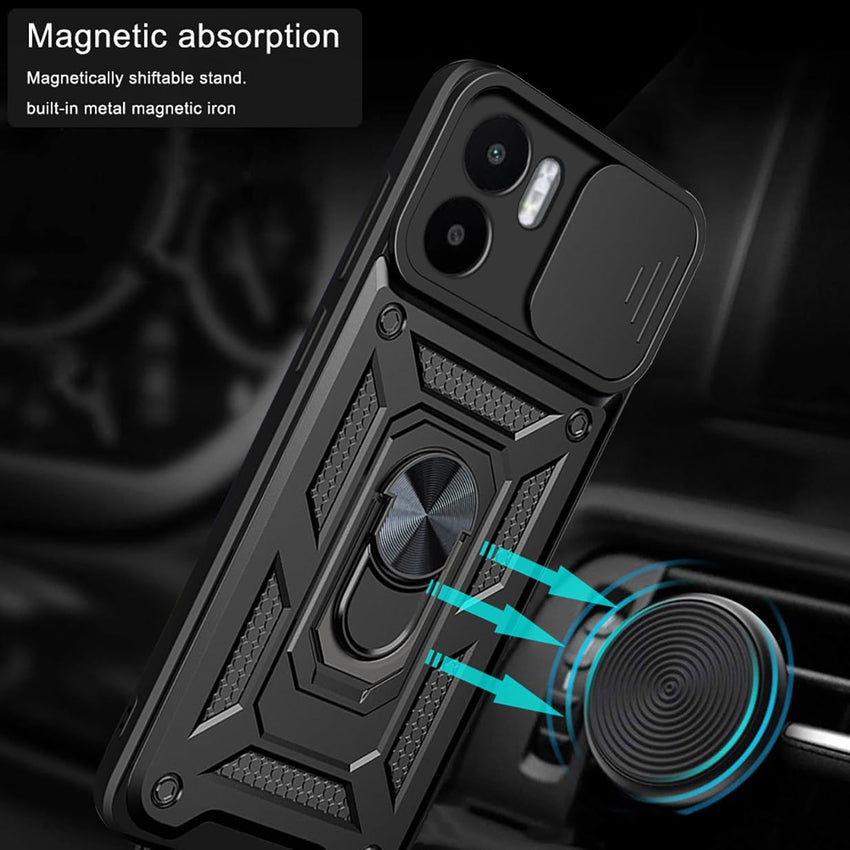 UPLAI Armor Case for Xiaomi Redmi A1/Xiaomi Redmi A2, Ultra Thin Shockproof Silicone Cover with Slide Camera Cover and Magnetic Ring Kickstand, PC + TPU Durable Cover.Black