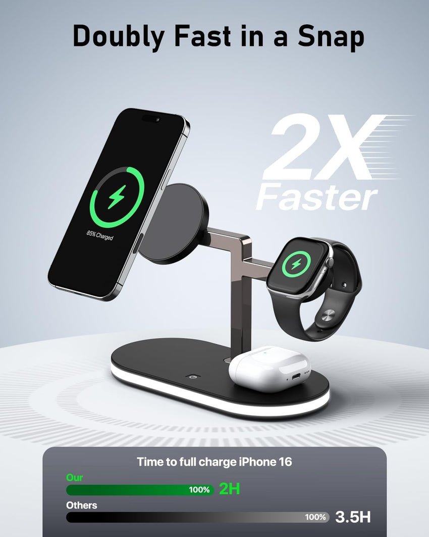 4-in-1 Magnetic Wireless Charging Station for iPhone Apple Watch Earbuds with Night Light Black