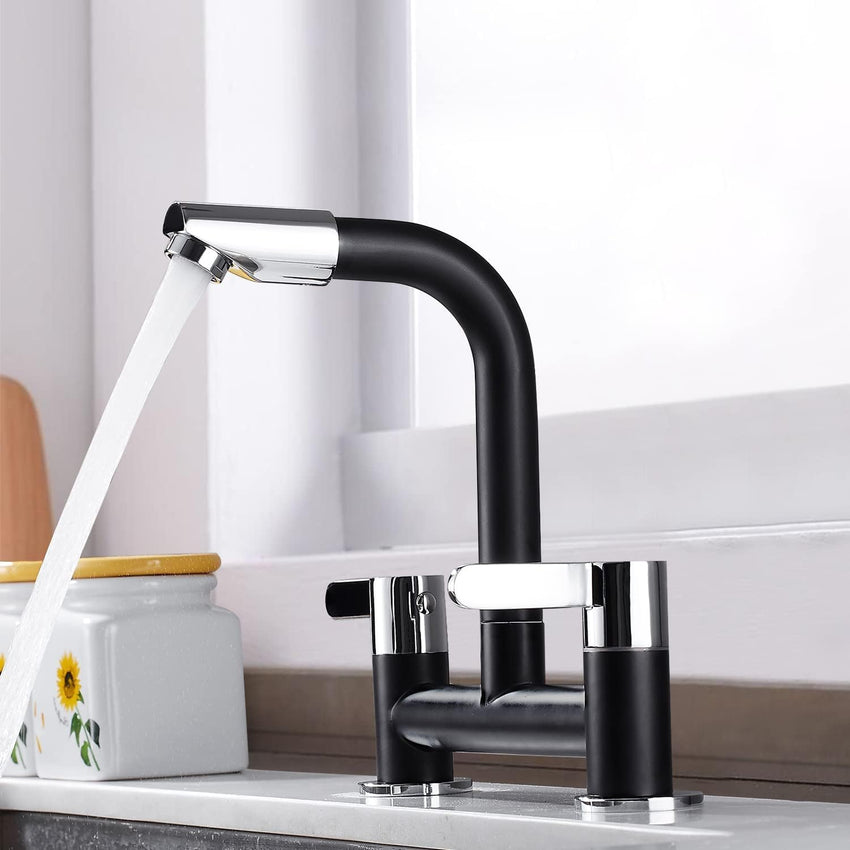 Kitchen Mixer Tap Dual Lever 360Â° Aerator Swivel Monobloc 2-Hole G1/2 Hose â Black 180mm