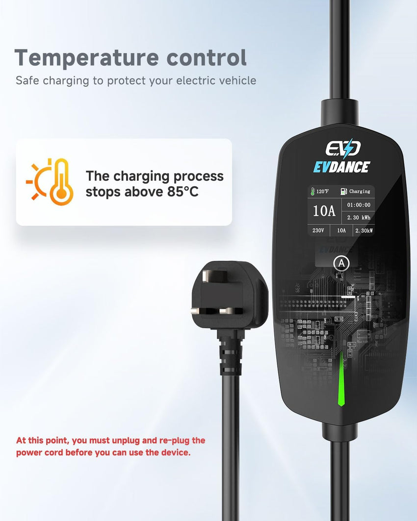 EV Charger Cable Type 2 to 3 Pin Plug 10m Adjustable Current Portable Charger â Black