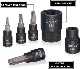 Torx Bit Socket Female E-Torx External Sockets Set 24PCS | 10pcs Star Socket Bits (T8-T40) & 14pcs Female E-Torx Sockets (E4-E24) 1/4" 3/8" 1/2" | CRV | Enhanced Mini Storage Case