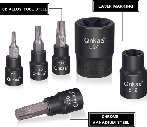 Torx Bit Socket Female E-Torx External Sockets Set 24PCS | 10pcs Star Socket Bits (T8-T40) & 14pcs Female E-Torx Sockets (E4-E24) 1/4" 3/8" 1/2" | CRV | Enhanced Mini Storage Case