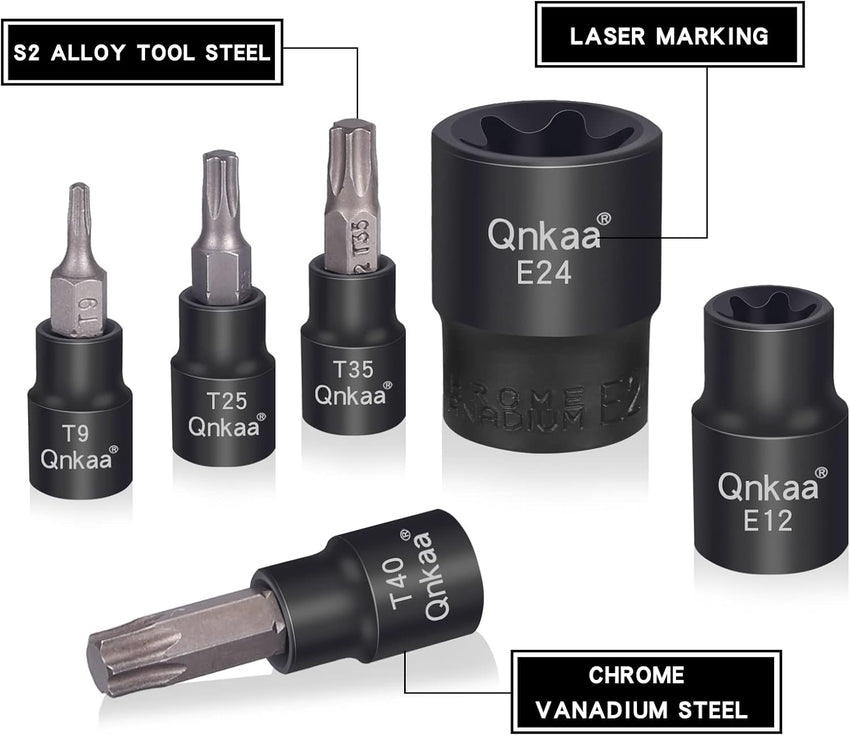 Torx Bit Socket Female E-Torx External Sockets Set 24PCS | 10pcs Star Socket Bits (T8-T40) & 14pcs Female E-Torx Sockets (E4-E24) 1/4" 3/8" 1/2" | CRV | Enhanced Mini Storage Case