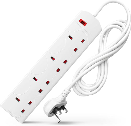 White Electric Extension Lead - 4 Gang, 2 Metre Cable with UK Plug & 3 Pin Socket - Wall Mountable & Multi Socket Mains Strip for Home, Bedroom, Kitchen, & Office (1 Pack)