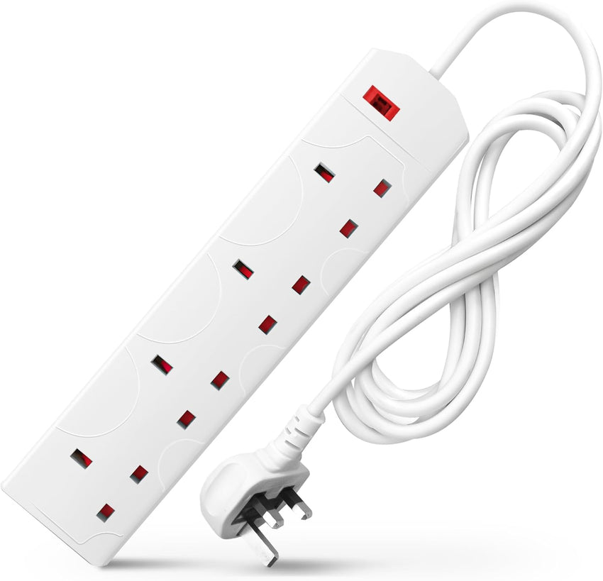 White Electric Extension Lead - 4 Gang, 2 Metre Cable with UK Plug & 3 Pin Socket - Wall Mountable & Multi Socket Mains Strip for Home, Bedroom, Kitchen, & Office (1 Pack)
