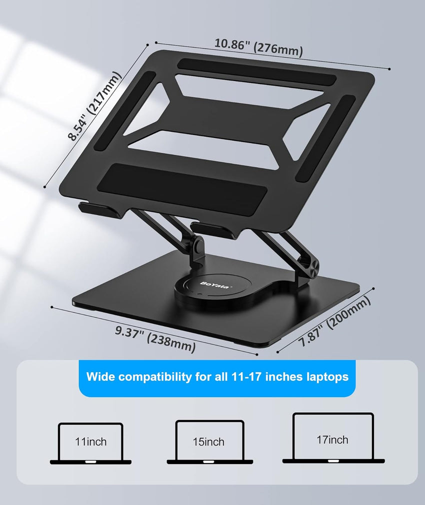BoYata Laptop Stand for Desk, Adjustable Computer Stand with 360^0 Rotating Base, Ergonomic Foldable Laptop Riser Holder Compatible with All MacBook Pro/Air, Notebook up to 17"-Black