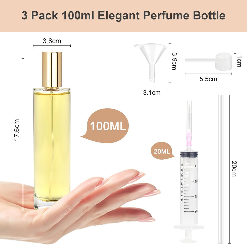 Omsscun 3Pcs Glass Perfume Spray Bottle 100ml, Empty Glass Perfume Atomiser, Small Clear Portable Perfume Refill Bottles for Travel, Holiday, Gifts (Gold, Silver and Black Caps)