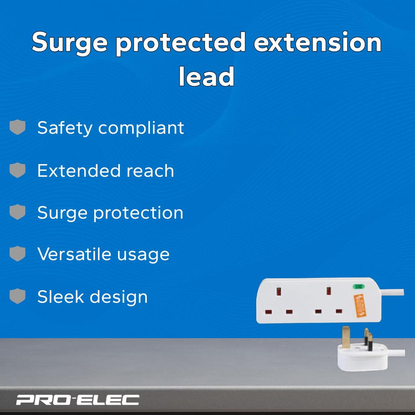 PRO ELEC PELB1949 2 Gang Surge Protected Extension Lead White, 3m