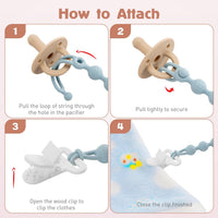 Silicone Pacifier Clip One-Piece Wooden Soother Design Fits Most Pacifiers â Sand & Light Grey