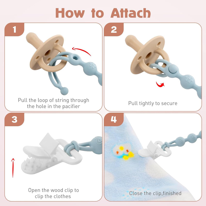 Silicone Pacifier Clip One-Piece Wooden Soother Design Fits Most Pacifiers â Sand & Light Grey