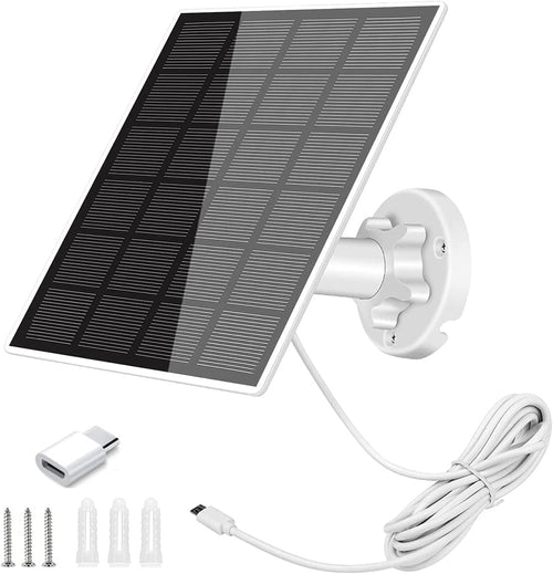 5W Solar Panel With 360^0 Adjustable Mount and IP65 Waterproof Charger - USB Charging Cable for Security Camera, Micro and USB-C Port (1pcs)