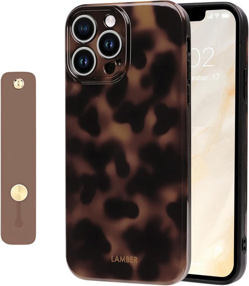 NITITOP Compatible with iPhone 15 Pro Case Cute Leopard Print Brown Amber Tortoise Design for Women Girls Men with Wrist Adjustable Hand Strap Kickstand Aesthetic Protective Cover - Brown
