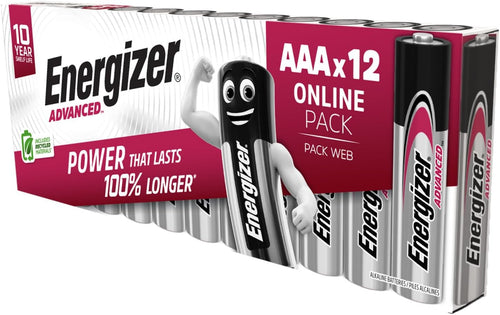 Energizer Advanced - AAA Batteries (12 Pack) - Triple A Battery 1.5V - Up To 100% Longer Lasting - Ideal for High-Drain Devices - 0% Plastic Packaging - 10 Year Shelf Life [Amazon Exclusive]