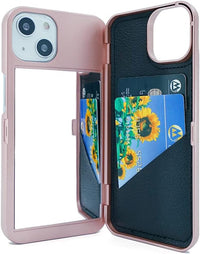 W7ETBEN iPhone 14 Wallet Case, iPhone 13 Case with Kickstand Built-in Mirror Shockproof Card Holder Cover for Apple iPhone 14 (2022) 6.1" /iPhone 13 (2021) 6.1 Inch (Rose Gold)