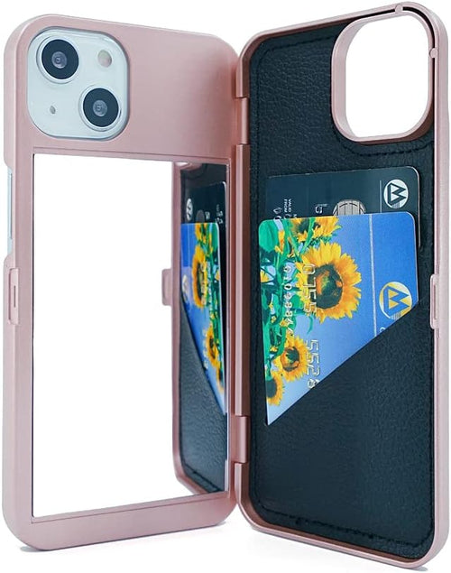 W7ETBEN iPhone 14 Wallet Case, iPhone 13 Case with Kickstand Built-in Mirror Shockproof Card Holder Cover for Apple iPhone 14 (2022) 6.1" /iPhone 13 (2021) 6.1 Inch (Rose Gold)