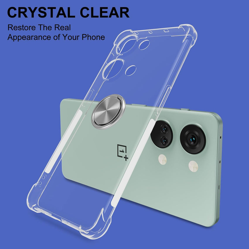 Kickstand Case Compatible with OnePlus Nord 3 5G, Crystal CLEAR Protective Soft TPU Shockproof Case with 360 Degree Magnetic Ring Cover - Silver Ring