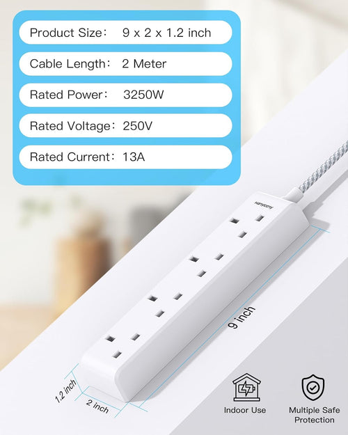 4 Gang Extension Lead 2M, HANYCONY Multi Plug Extension Socket with Braided Cable, 13A 3250W UK Power Strip, Durable Electric Extension Cord for Office, Bedroom, Kitchen Accessories, White