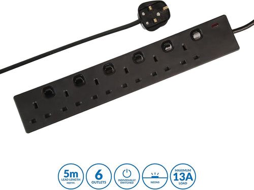 PRO ELEC PELB1726 6 Gang Extension Lead Individually Switched 5m, Black