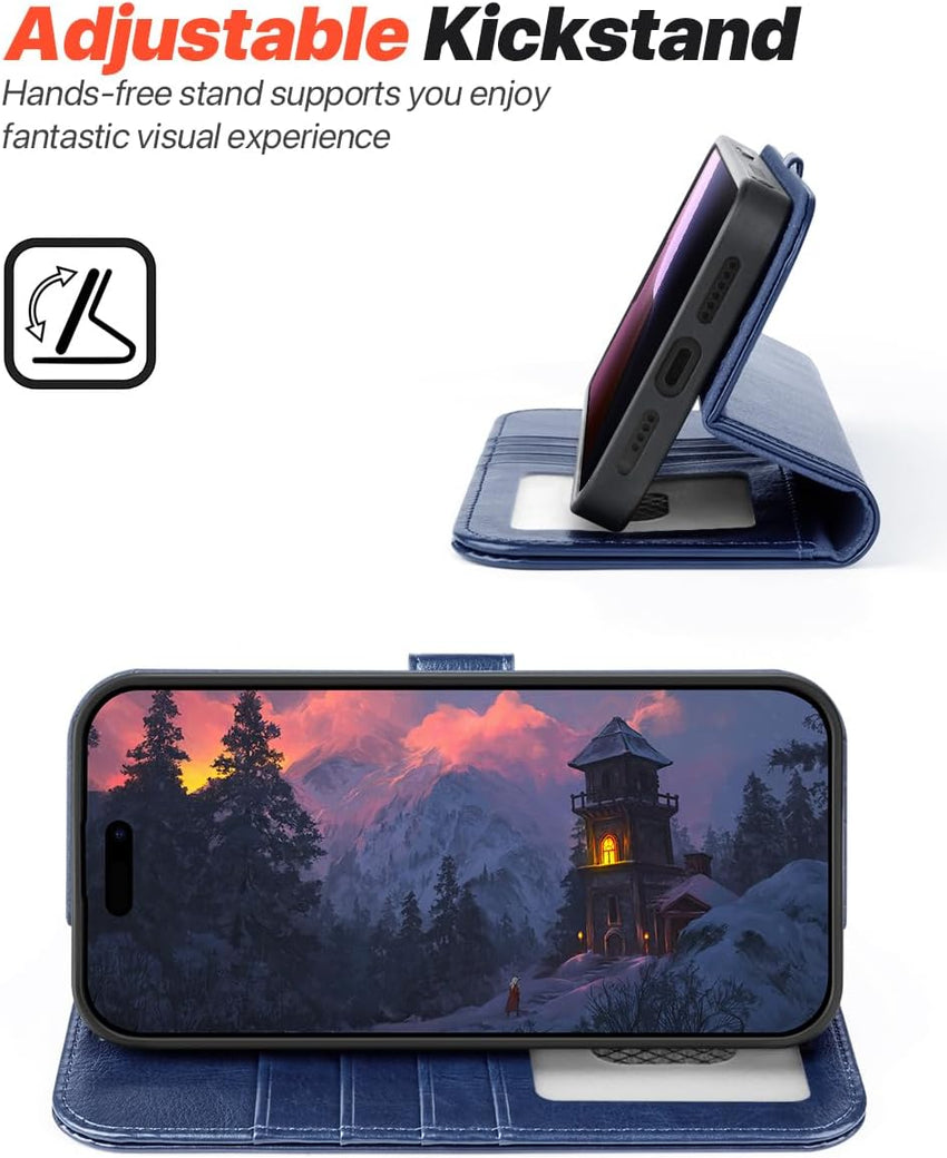 OCASE for iPhone 16 Pro Max Case, Detachable 2 in 1 PU Leather Wallet Case with RFID Blocking, Wireless Charging, Card Holders, Kickstand, Shockproof Removable Phone Cover, Blue